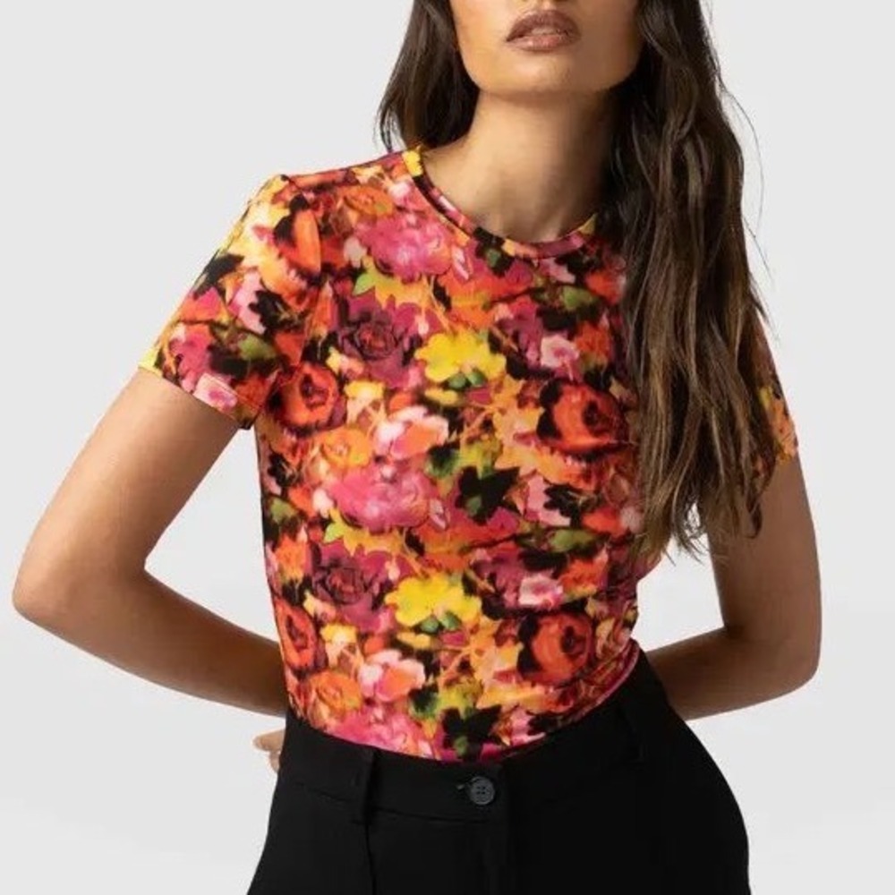 Saint + Sofia Women Floral Print Short Sleeve Tee Multi Color Size 6
